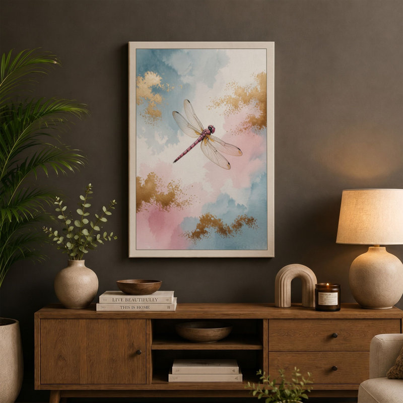 Ethereal Dragonfly Minimalist 1 Piece Wrapped Canvas Wall Art, 36x24 - 91.4 x 61.0 cm, Cream Border