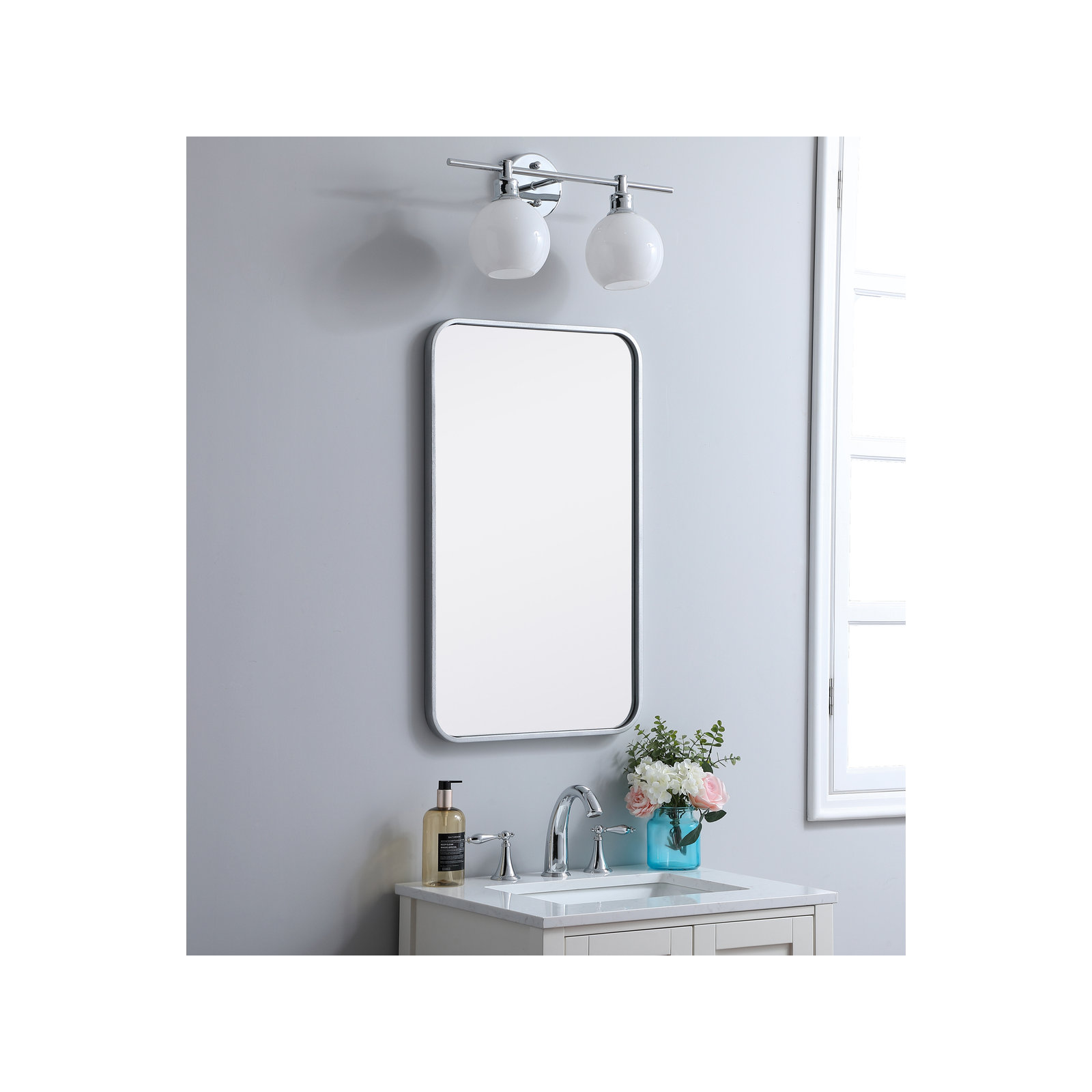 Sabine Metal Rounded Rectangle Wall Mirror, Silver, 30" x 18"