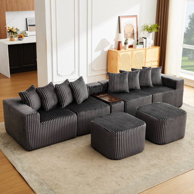 [Nouveauté] [Vidéo fournie] Canapé en U de 137,5 po, charge USB et sans fil, table basse avec porte-gobelet, canapé modulaire surdimensionné mobile, repose-pieds mobile, sans siège, 6 sièges, velours côtelé