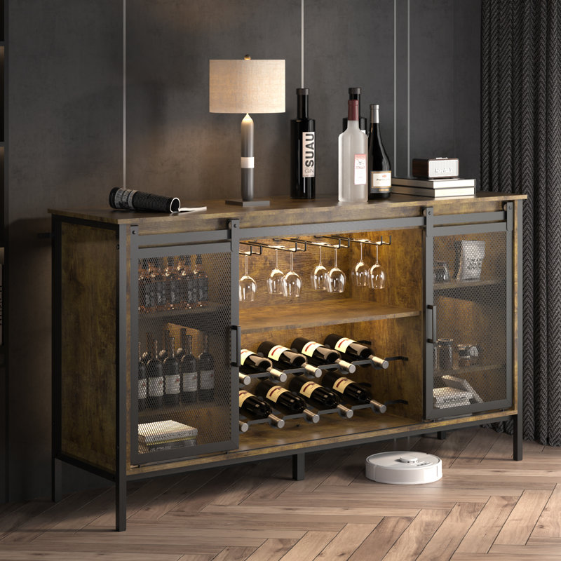 55"W Sideboard Cabinett with Sliding Barn Doors, Coffee Bar Cabinet with Wine Racks, Buffet Cabinet Table with LED Lights