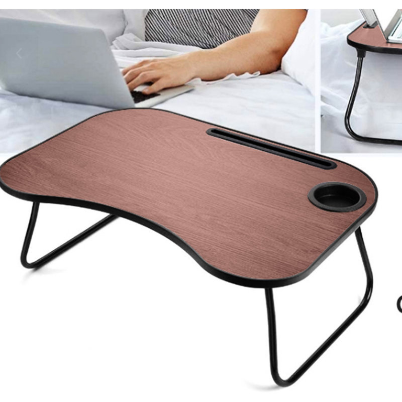 Support pour ordinateur portable en bois, portable et pliable, avec surface lisse rainurée pour les tasses, idéal pour les longs trajets en voiture et pour travailler confortablement au lit. Utilisations multiples à la maison et en déplacement.