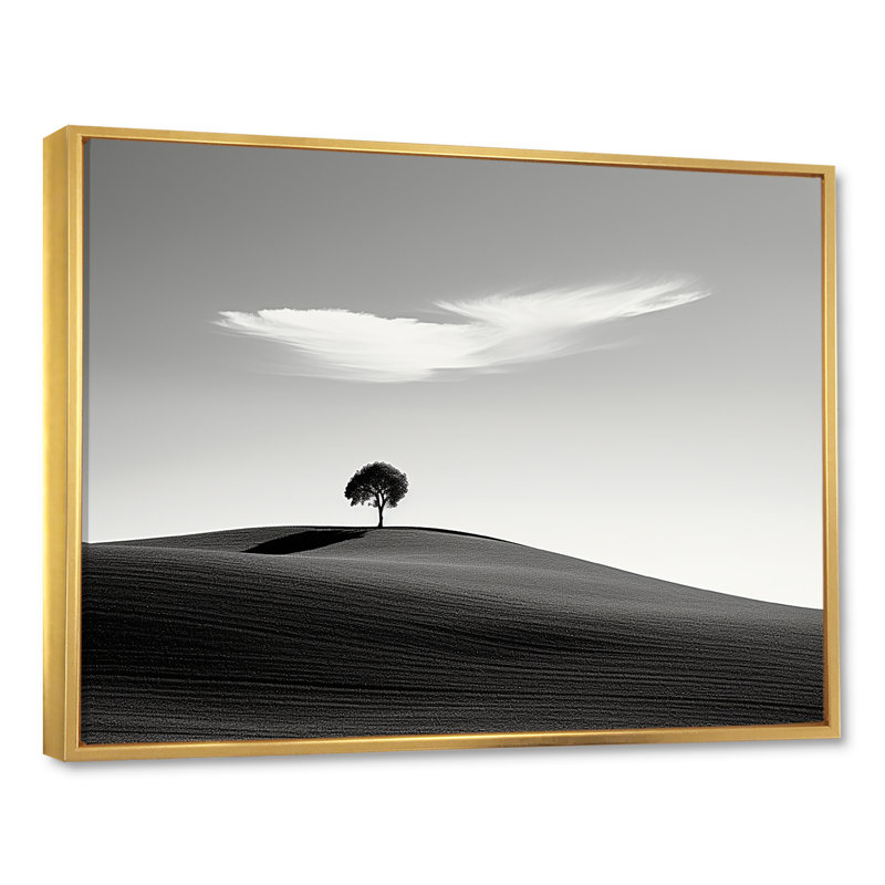 «Balck and White Solitude Tree III - Canyon and Desert», art mural sur toile, Cadre flottant doré, H 24 po x l 32 po x P 1 po