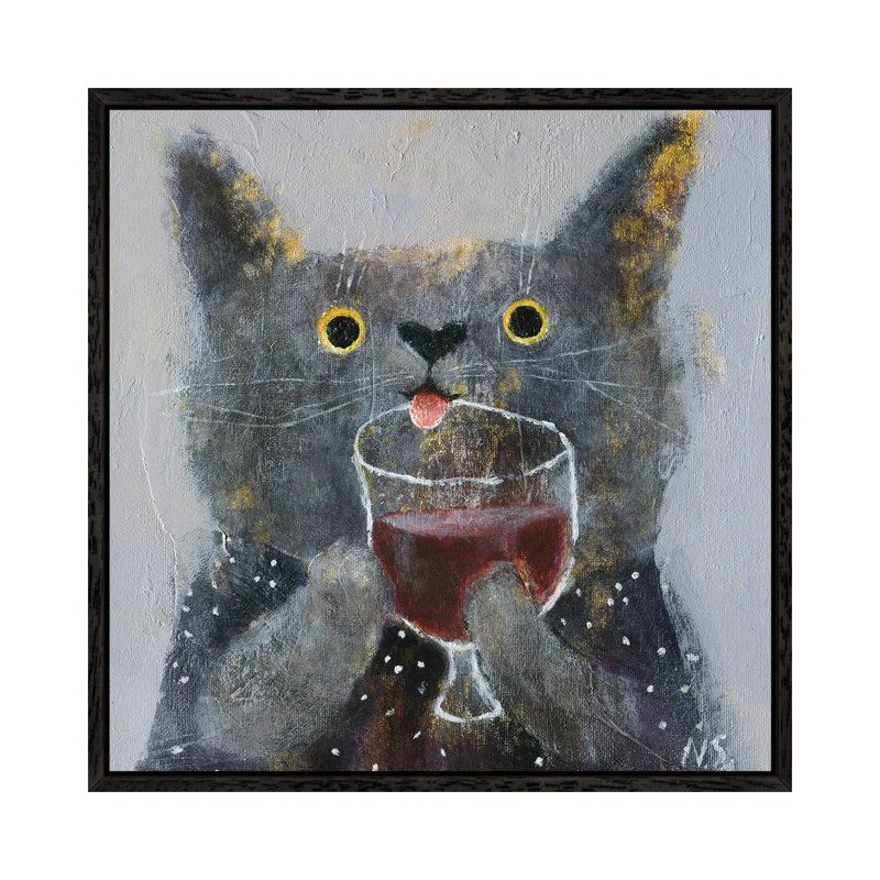 The Cat With Glass Of Wine by Natalia Shaloshvili - Painting on Canvas, Black Framed, 66.04cm H x 66.04cm W x 3.81cm D