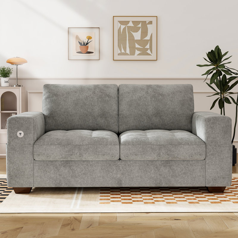 Mireno 70'' Upholstered Chenille Loveseat Sofa With Storage Pockets Couches And USB Charging Port, Gray