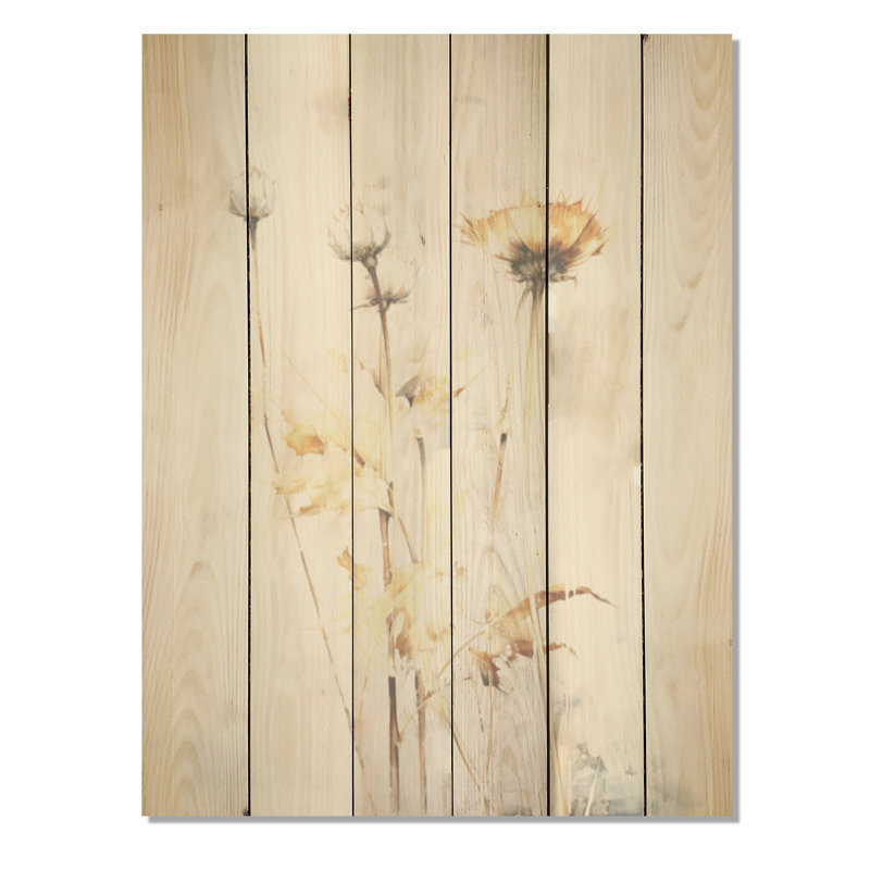 Nature morte de chardon beige - Art en bois de chardon sur bois de pin naturel, H 32 po x l 24 po