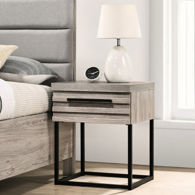 Table de chevet gris patiné avec base en métal - Mobilier de chambre à coucher à tiroir à lattes de style moderne