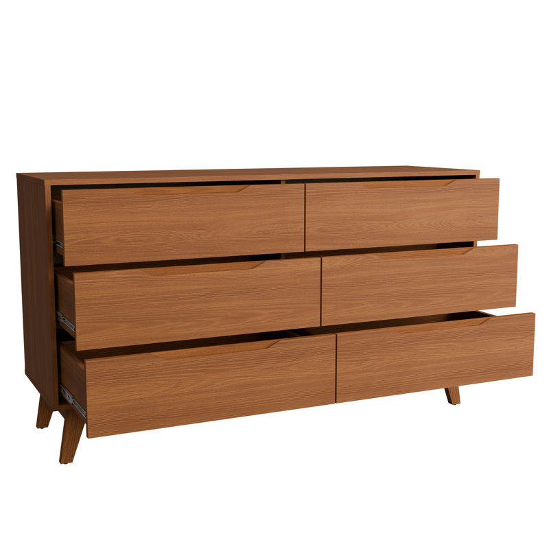 Commode 6 tiroirs Rio avec poignées intégrées et base en bois, Brun