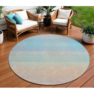 Tapis intérieur/extérieur rond abstrait bleu ciel et pêche de 2,44 m (8 pi), lavable