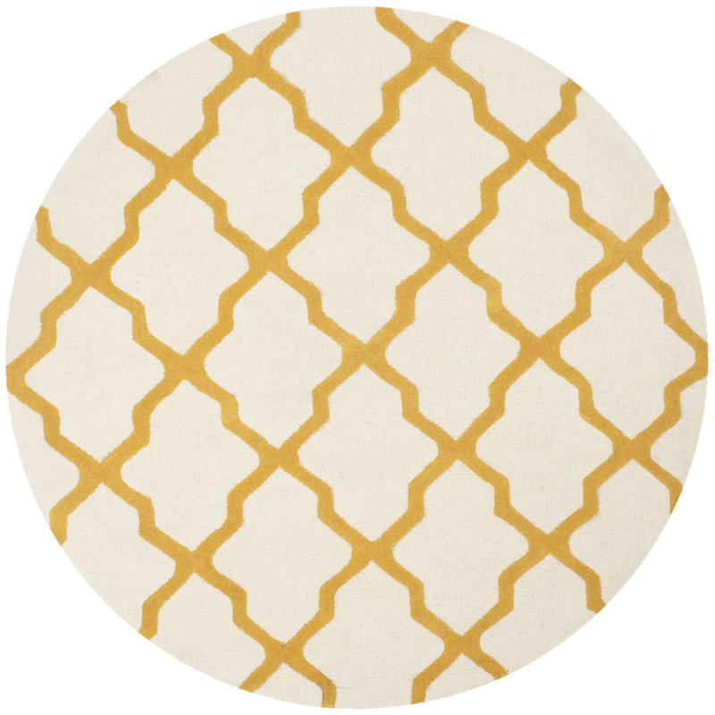 Cannen Hand Tufted Wool Geometric Rug, Round 6', Ivory/Gold