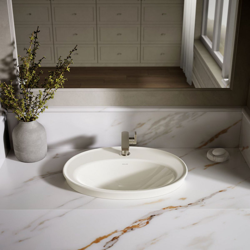 Serif Ceramic Oval Drop-In Bathroom Sink with Overflow, Biscuit, Single