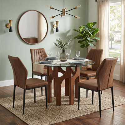 46" Round Tempered Glass Dining Table Set For 4 Or 6 With Metal Base And PU Leather Chairs