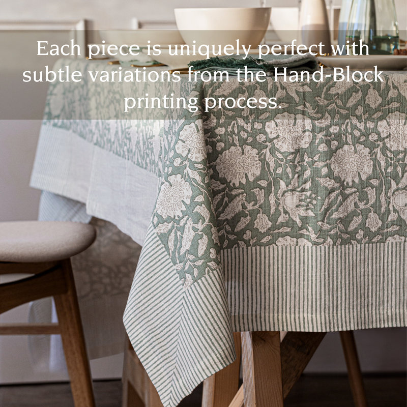 over&back Hand-Blocked Tablecloth, Green Floral, 70" W x 90" L