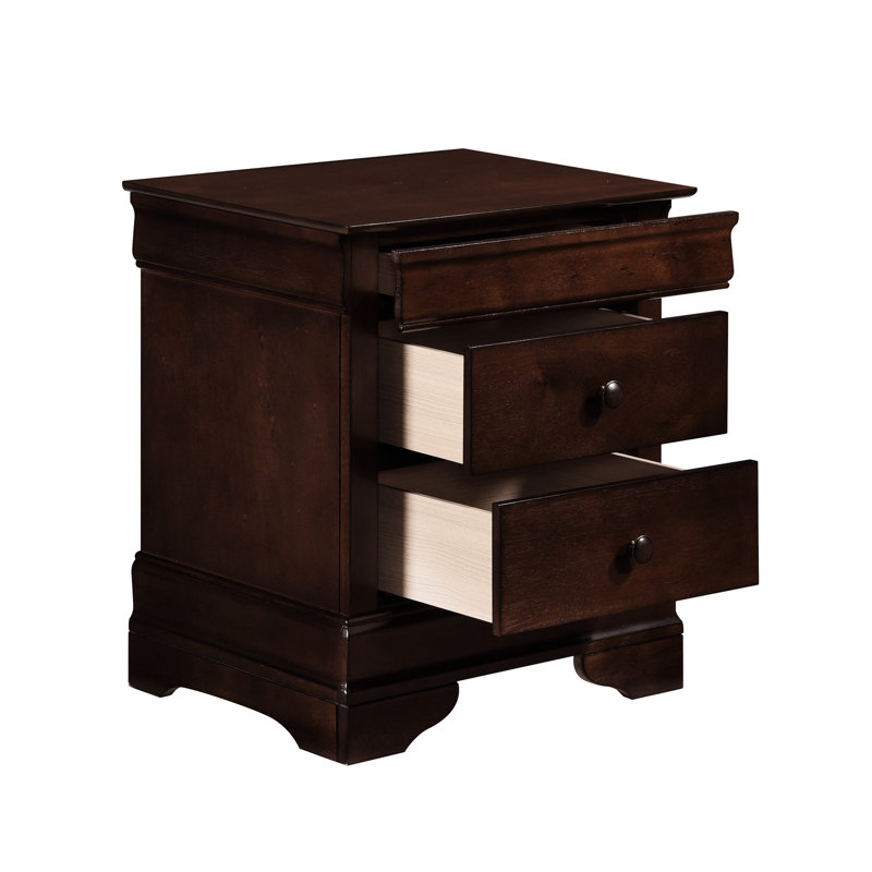 Table de chevet traditionnelle avec 3 tiroirs en cerisier brun et glissières en métal