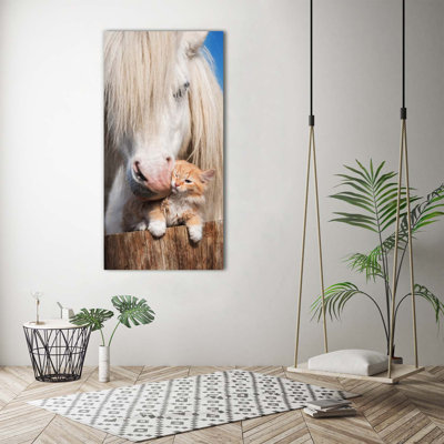 White Horse With A Cat - Wrapped Canvas Print