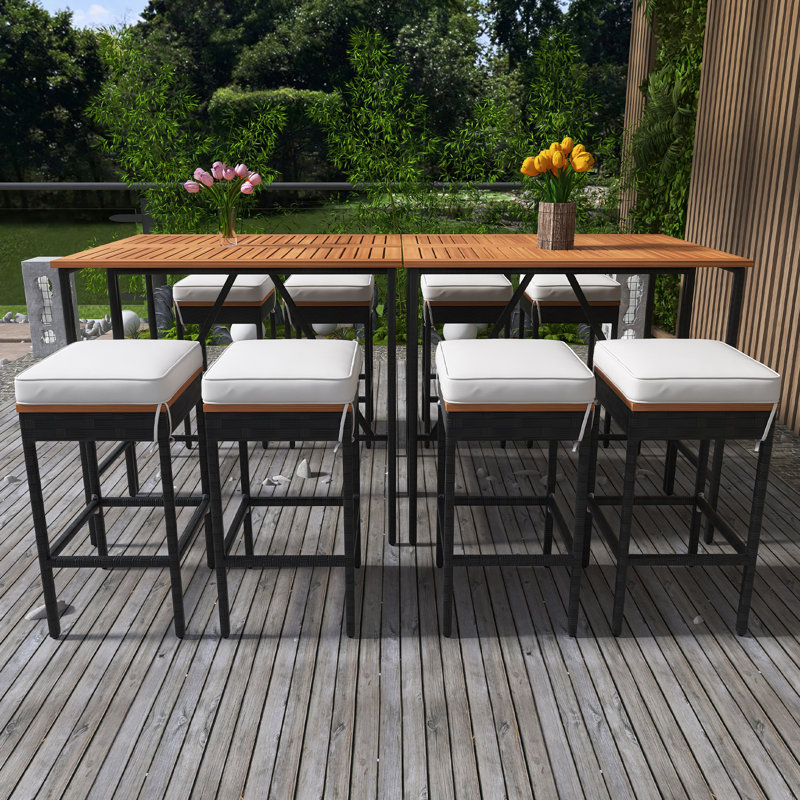 10-Piece Outdoor Acacia Wood Bar Height Table And Eight Stools With Cushions, Garden Dining Table, Foldable Tabletop, High-Dining Bistro Set