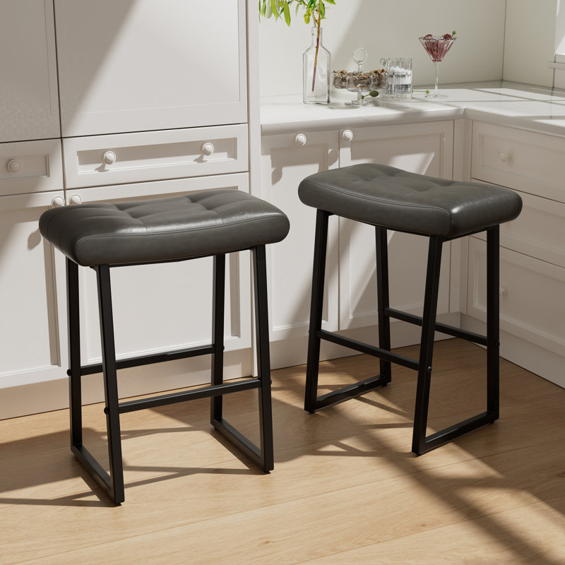 Faux Leather Wide Cushion Bar Stool With Metal Frame, Dark Gray Seat/ Black Frame