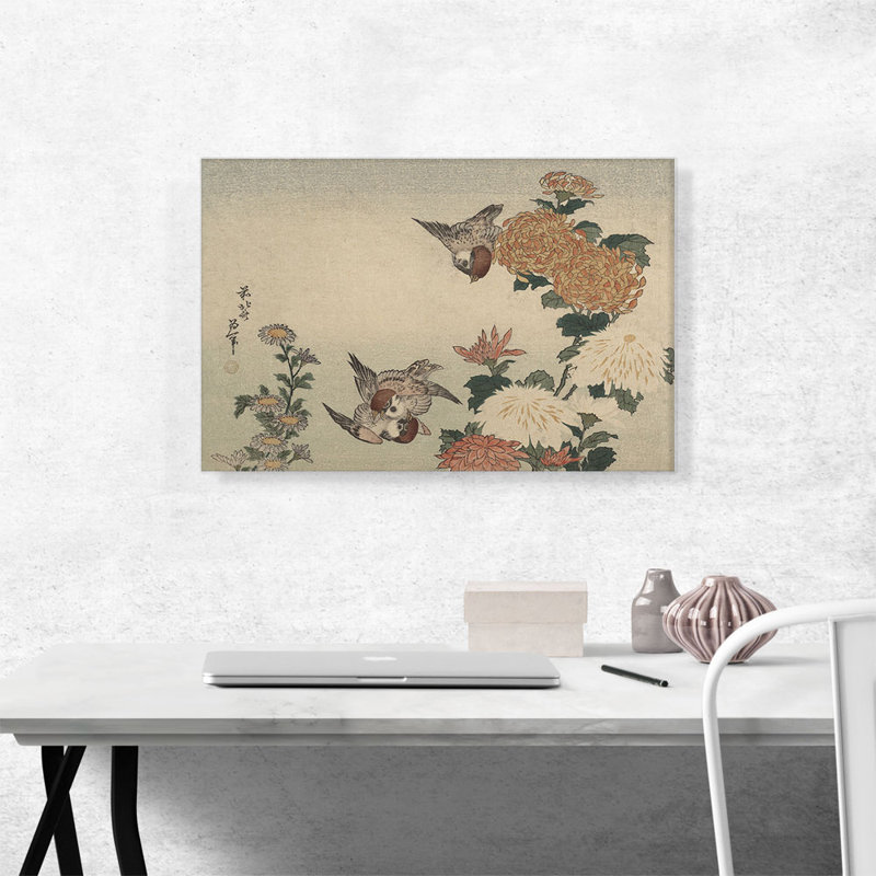 «Sparrows and Chrysanthemums 1825» par Katsushika Hokusai, reproduction d'art sur toile tendue, H 18 po x l 26 po x P 0,75 po