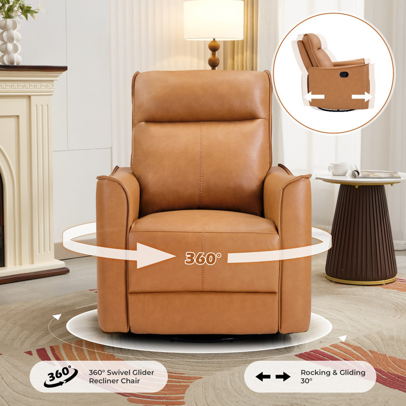 Tayani 31.5" Wide Modern Comfortable Microfiber Swivel And Rocker Manual Recliner, Orange Vegan Leather
