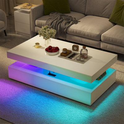 47” Coffee Table With 2 Sliding Drawers, Modern Stylish Double-Layer Centre Tables With LED Lights For Living Room
