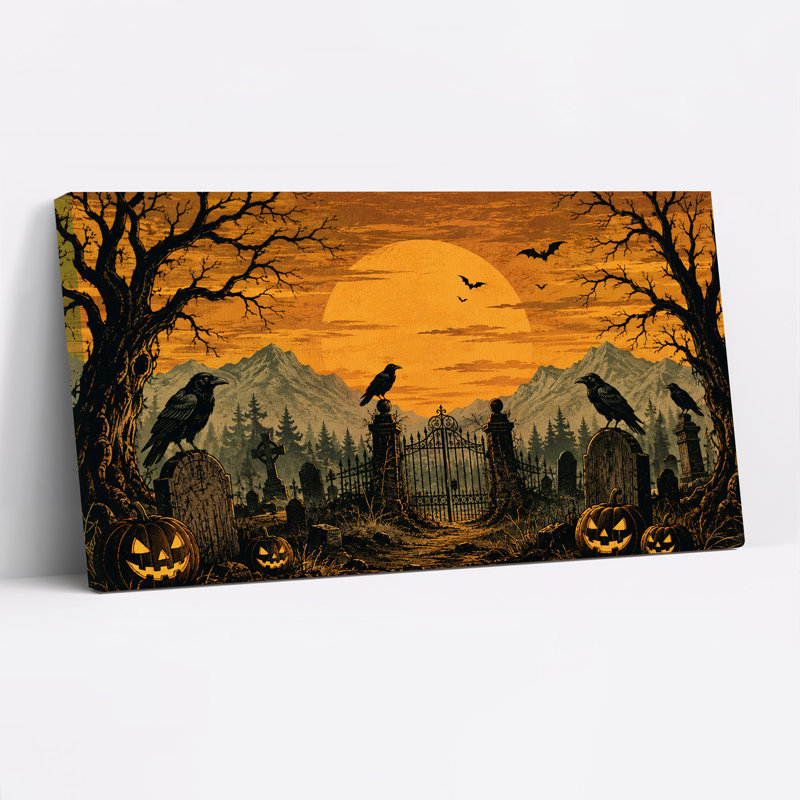 Tableau sur toile représentant un cimetière au clair de lune orange avec des corbeaux et des citrouilles, idéal pour l’Halloween.
