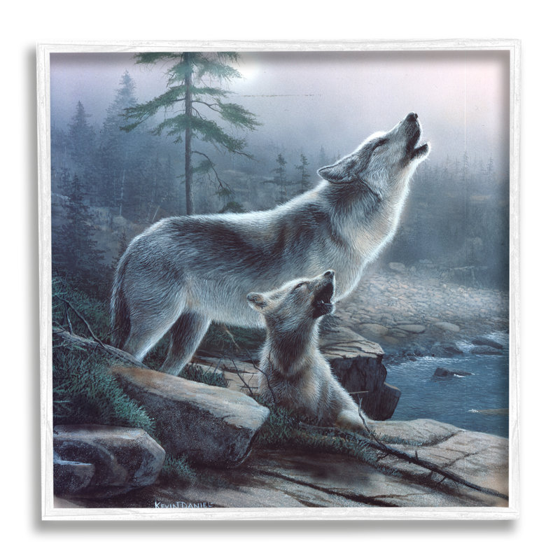 «Howling Wolf and Pup Landscape» par Kevin Daniel - Peinture, H 17 po x l 17 po x P 1,5 po, Giclée encadrée blanc bord de mer