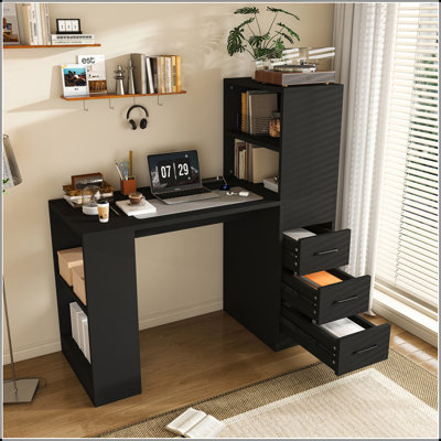 Black Computer Desk with 4-in-1 Socket, 3 Slide Drawers, and 4 Storage Levels, Suitable for Various Spaces
