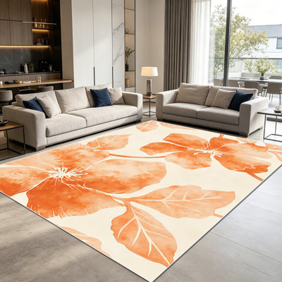 Tapis botaniques floraux orange brûlé 1 pièce pour le salon, doux et confortable, convient à toutes les saisons, facile à entretenir, tapis de sol intérieur lavable à la machine, sous la table de ferme convenant à la table à manger, à la chambre à coucher, à la cuisine,