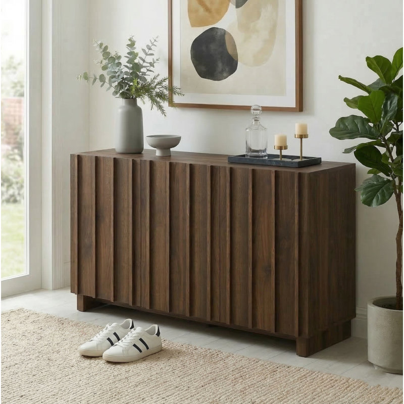 Araminta 47" W 16-Pair Fluted Shoe Storage with Vertical Fluted Front, Walnut