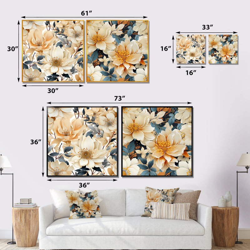 Ouareau - Ensemble de 2 impressions murales florales, Cadre flottant blanc, H 36 po x l 73 po x P 1,5 po
