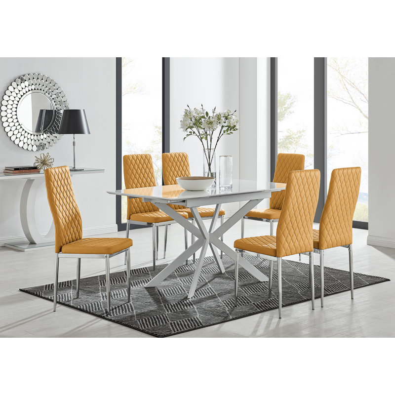 Eubanks Modern High Gloss Extendable Dining Table Set with x6 Luxury Faux Leather Dining Chairs, Mustard Yellow/Silver