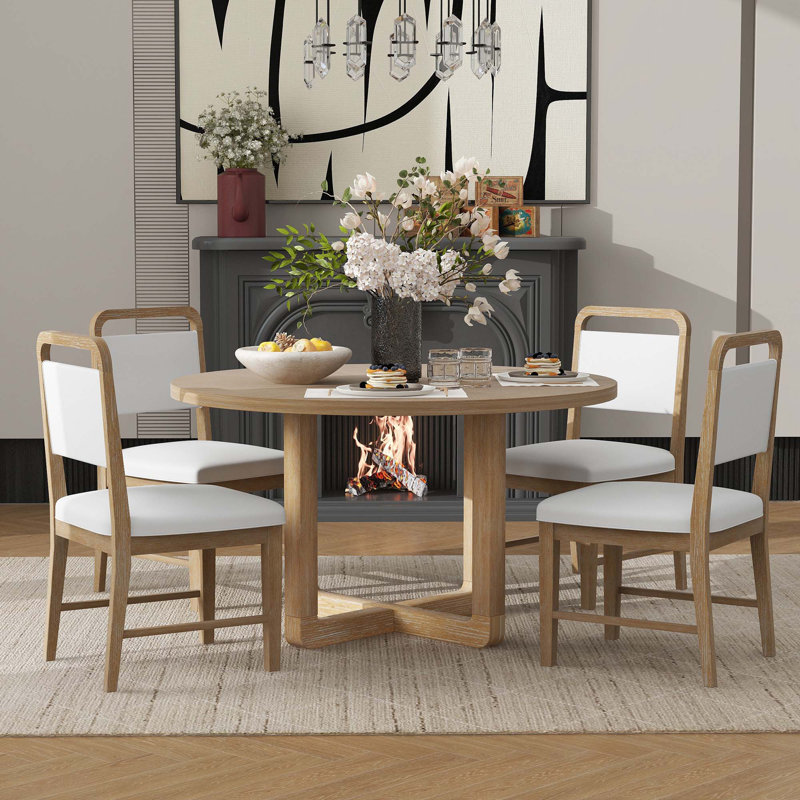 Inmar 5-Piece Retro Dining Set For Dining Room And Kitchen, Beige, Natural Wood Wash