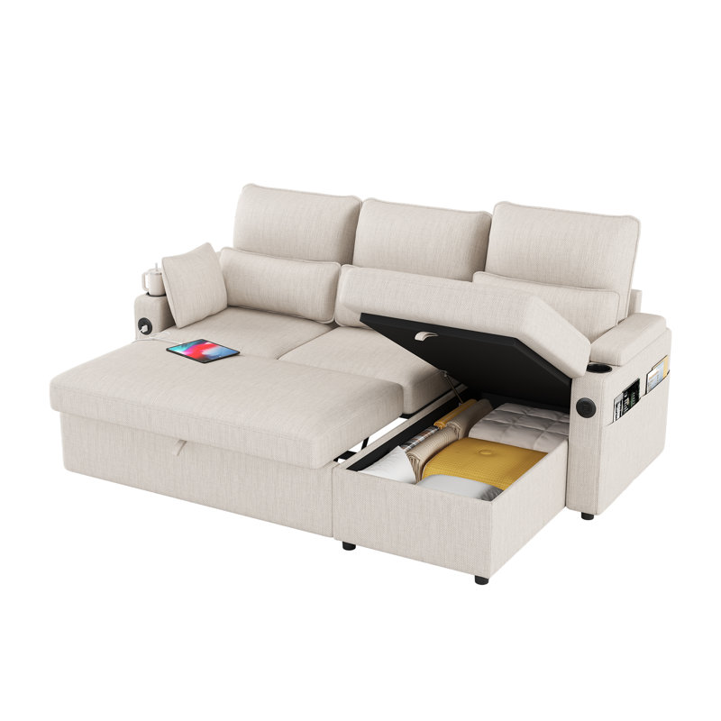 Canapé-lit modulaire en L en forme de L avec méridienne de rangement, structure en bois massif, chargement USB, Lin beige