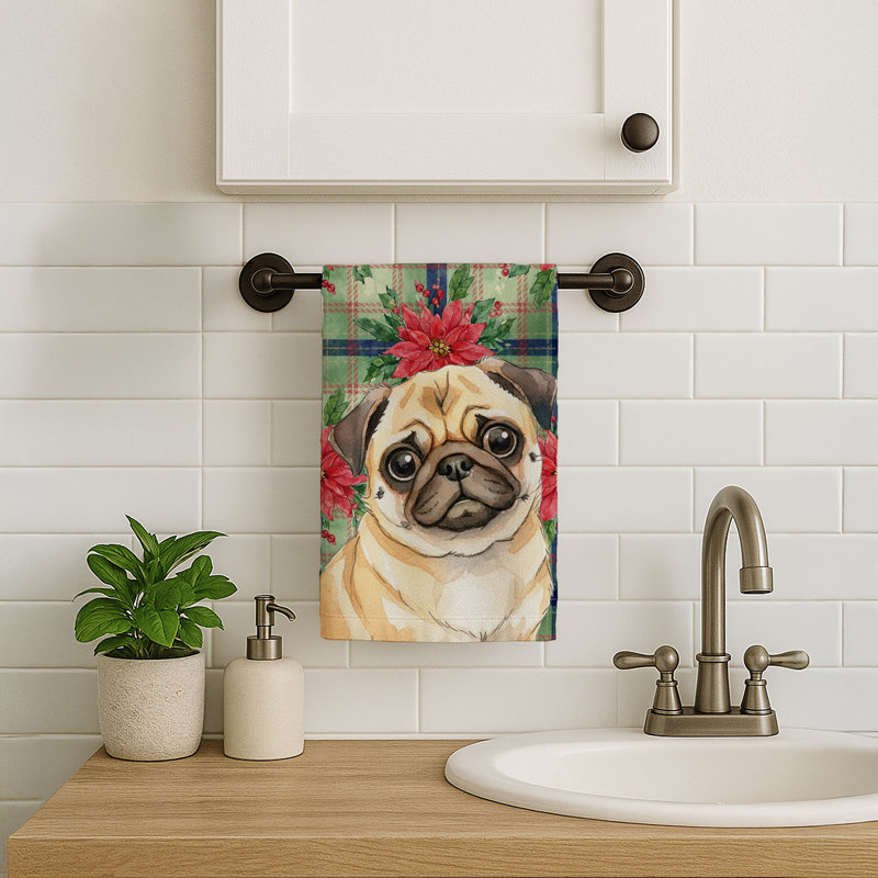 Fawn Pug Christmas PoinsettIas Kitchen Towel, Fawn Pug