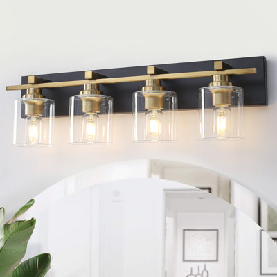 4-Light Black & Gold Bathroom Vanity Light with Glass Shade