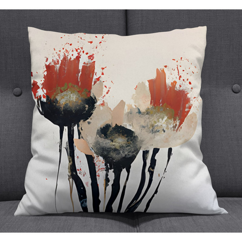 Throw Pillow With Insert, Black/White/Red Floral 2, 18"H x 18"W