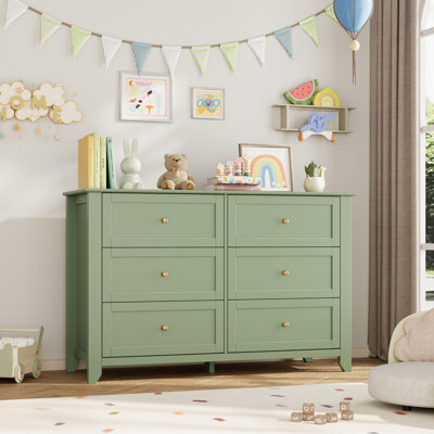 Commode 6 tiroirs avec boutons en métal, double commode en bois de 47,2 po pour le couloir de l'entrée de la chambre à coucher