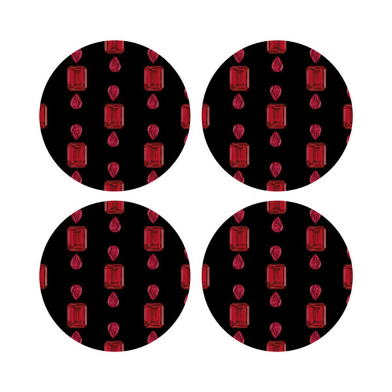 Gem Rubys Crimson Vegan Leather Round Coasters, Black