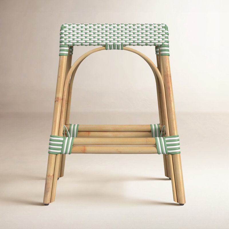 Tabouret de comptoir / de bar Lennart, Blanc / point vert / cadre en rotin naturel