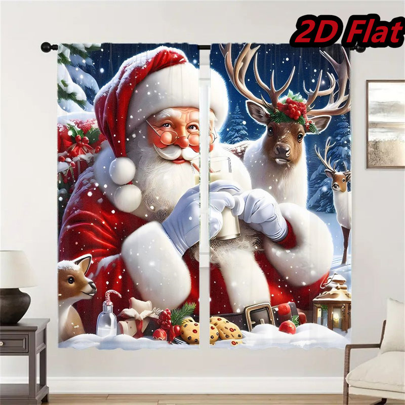 2Pcs Santa Claus and Reindeer Christmas Window Curtains - Festive Holiday Rod Pocket Panels with Snowy Winter Scene Light Filtering Polyester Drapes for Living Room Bedroom Kitchen Home Decor