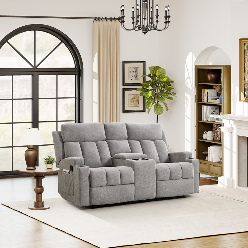 Manual Reclining Loveseat With Center Storage Console & Cup Holders, Light Gray 