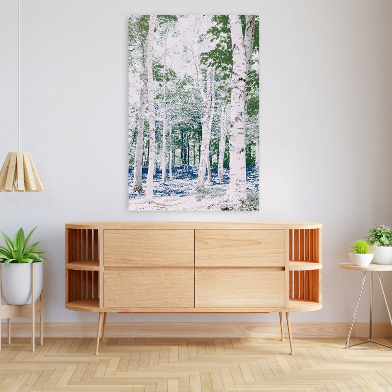 Bouleaux blancs, fleurs bleues, art contemporain contemporain de paysage de forêt de bouleaux moderne, 48" H x 32" W