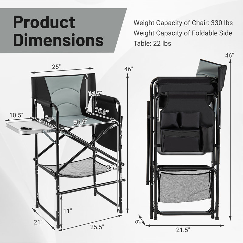  46'' Tall Directors Chair W/ Foldable Side Table & Footrest Extra Cup Holder
