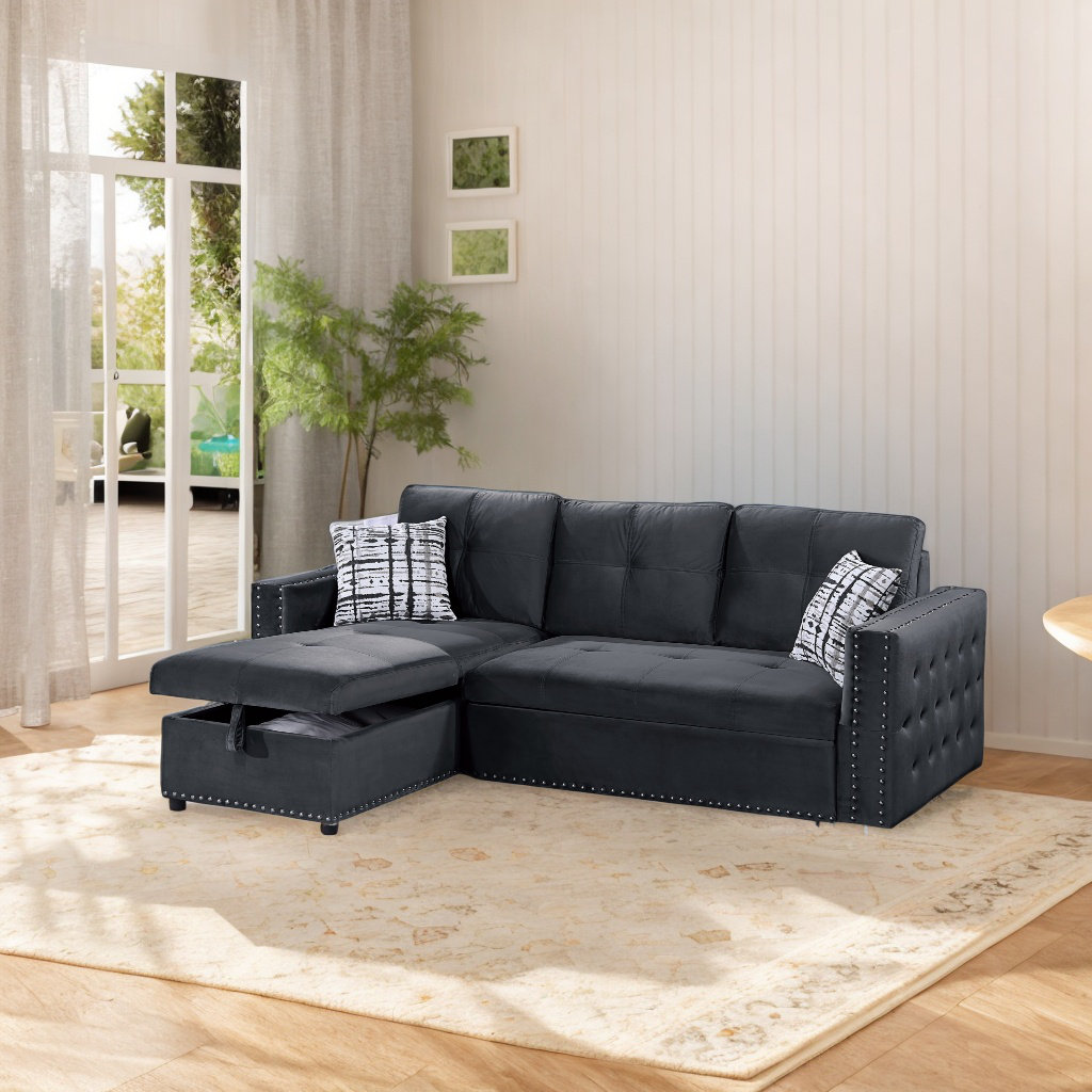 Velvet Convertible Sectional Sofa With Pull-out Bed, Storage Chaise, 2-piece Reversible Living Room Set With Accent Pillows Rosdorf Park Upholstery 