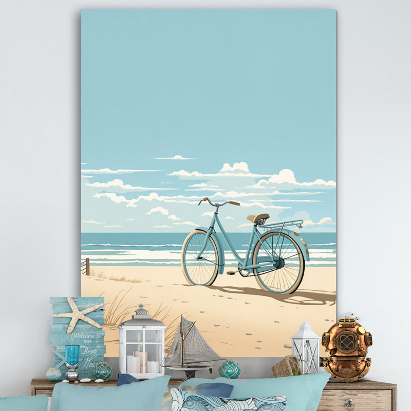 «Blue Beachside Bicycle Retro Illustration», reproduction, H 20 po x l 12 po x P 1 po, Toile tendue