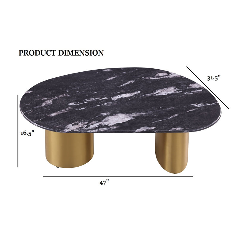 Table basse contemporaine avec plateau en pierre frittée et bords arrondis doux, base en acier inoxydable doré mat