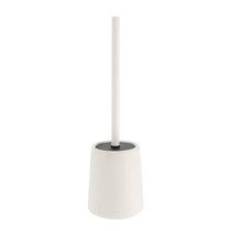 Motifeur Bathroom Accessories Ceramic Toilet Brush Set - Toilet Bowl Brush and Holder with Wooden Base (White and Beige)