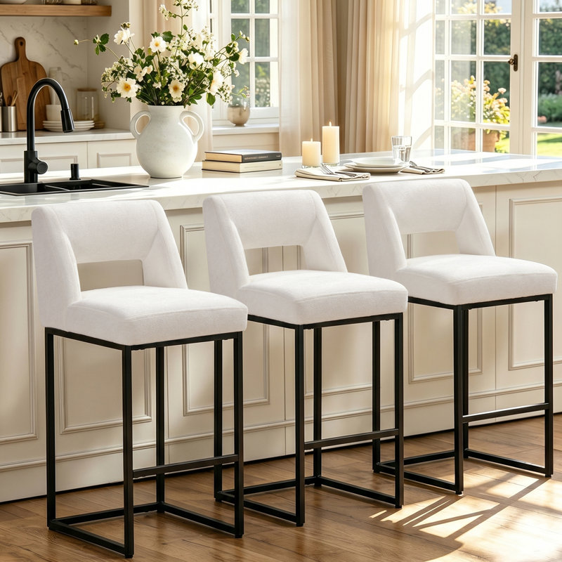 26" Upholstered Counter Barstool With Low Back And Metal Frame Modern Kitchen Island Seating, White Seat / Black Frame, 3