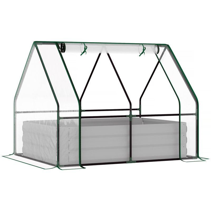 Outsunny 4' X 3' Galvanized Raised Garden Bed With Mini PVC Greenhouse Cover, Outdoor Metal Planter Box With 2 Roll-Up Windows For Growing Flowers, Fruits, Vegetables And Herbs