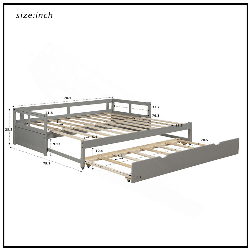 Extending Daybed With Trundle, Wooden Daybed For Space-Saving And Versatile Use In Any Home, Grey
