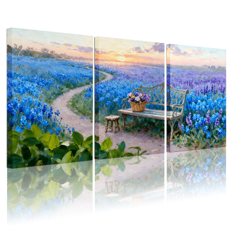Assortiment de bouquets de fleurs bleues, ensemble de 3 peintures sur toile, H 18 po x l 36 po